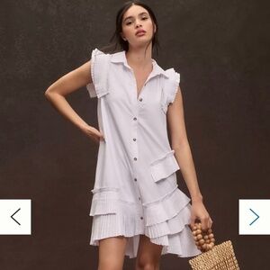 By Anthropologie Button-Front Pleated Mini Shirt Dress White Sz Medium